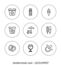 Soft icon set. collection of 9 outline soft icons with brandy, ice cream, foam, pacifier icons. editable icons.