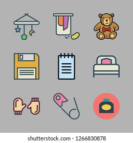 soft icon set. vector set about safety pin, bed, baby toy and teddy bear icons set.