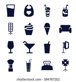 soft icons set. Set of 16 soft filled icons such as baby napkin, baby bid, shaving brush, cream, Cocktail, soda, drink, soft box, sofa