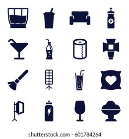 soft icons set. Set of 16 soft filled icons such as pillow with heart on it, shaving brush, Cocktail, paper towel, energy drink, soda, soda bottle, soft box, sofa, drink