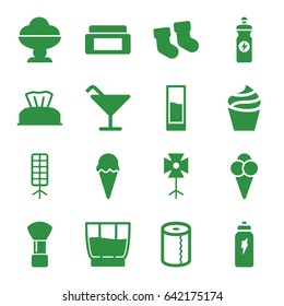 Soft icons set. set of 16 soft filled icons such as baby socks, baby napkin, cream box, shaving brush, cream, cocktail, paper towel, energy drink, ice cream, soft box, drink