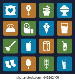 Soft icons set. set of 16 soft filled icons such as baby socks, baby napkin, pillow with heart on it, shaving brush, cream, paper towel, soda, drink, ice cream