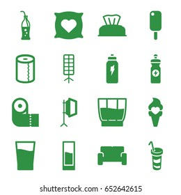 Soft icons set. set of 16 soft filled icons such as baby napkin, pillow with heart on it, paper towel, energy drink, drink, ice cream, soda bottle, soft box, sofa