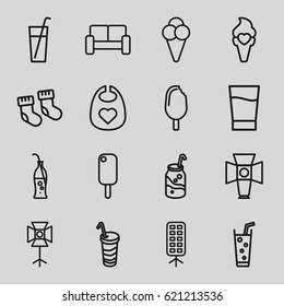 Soft icons set. set of 16 soft outline icons such as baby socks, baby bid, soda, drink, ice cream, soda bottle, soft box