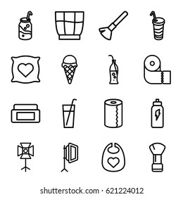 Soft icons set. set of 16 soft outline icons such as baby bid, pillow with heart on it, cream box, shaving brush, paper towel, soda, drink, soda bottle, soft box, ice cream