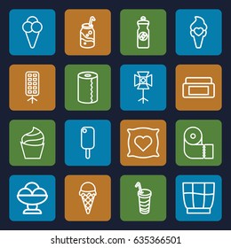 Soft icons set. set of 16 soft outline icons such as pillow with heart on it, cream box, cream, paper towel, soda, energy drink, drink, ice cream