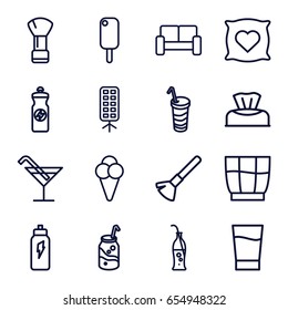 Soft icons set. set of 16 soft outline icons such as baby napkin, pillow with heart on it, shaving brush, cocktail, soda, energy drink, drink, soda bottle, ice cream, soft box