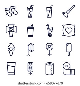 Soft icons set. set of 16 soft outline icons such as baby socks, pillow with heart on it, shaving brush, paper towel, soda, drink, ice cream