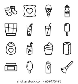 Soft icons set. set of 16 soft outline icons such as baby socks, baby bid, pillow with heart on it, cream box, shaving brush, cream, paper towel, soda, energy drink, drink