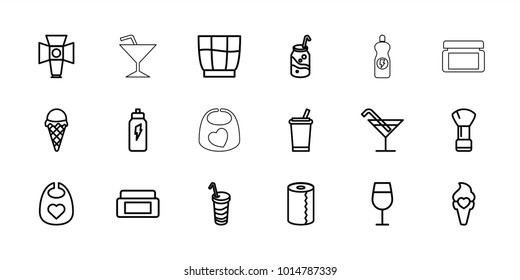 Soft icons. set of 18 editable outline soft icons: baby bid, cream box, shaving brush, cocktail, paper towel, drink, soda, ice cream, soft box, energetic drink