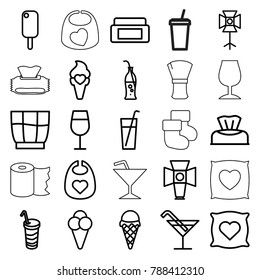 Soft icons. set of 25 editable outline soft icons such as baby napkin, baby bid, pillow with heart on it, cream box, cocktail, ice cream, drink, soda bottle, soft box