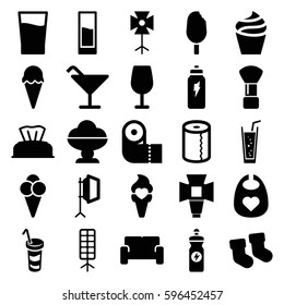 soft icons set. Set of 25 soft filled icons such as baby socks, baby napkin, baby bid, shaving brush, cream, Cocktail, paper towel, energy drink, soda, drink, ice cream
