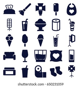 Soft icons set. set of 25 soft filled icons such as baby socks, baby napkin, baby bid, pillow with heart on it, cream box, shaving brush, cocktail, paper towel, soda, drink