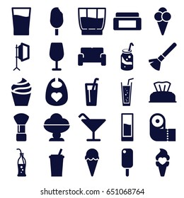 Soft icons set. set of 25 soft filled icons such as baby napkin, baby bid, cream box, shaving brush, cream, cocktail, paper towel, soda, ice cream, soda bottle, soft box, sofa