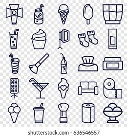 Soft icons set. set of 25 soft outline icons such as baby socks, baby napkin, cream box, shaving brush, cream, cocktail, paper towel, soda, drink, ice cream, soda bottle