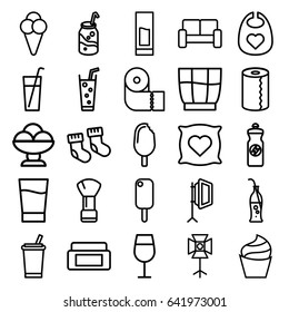 Soft icons set. set of 25 soft outline icons such as baby socks, baby bid, pillow with heart on it, cream box, shaving brush, cream, cocktail, paper towel, soda, energy drink