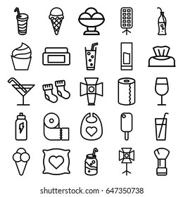Soft icons set. set of 25 soft outline icons such as baby socks, baby napkin, baby bid, pillow with heart on it, cream box, shaving brush, cream, cocktail, paper towel, soda