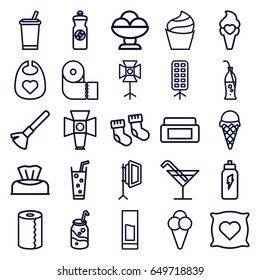 Soft icons set. set of 25 soft outline icons such as baby socks, baby napkin, baby bid, pillow with heart on it, cream box, shaving brush, cream, cocktail, paper towel, soda