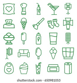 Soft icons set. set of 25 soft outline icons such as baby socks, baby napkin, baby bid, pillow with heart on it, cream box, shaving brush, cream, cocktail, paper towel, soda
