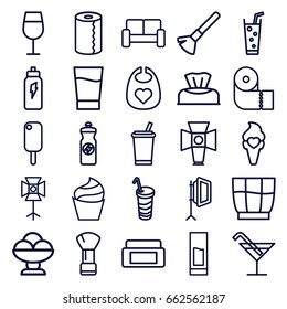 Soft icons set. set of 25 soft outline icons such as baby napkin, baby bid, cream box, shaving brush, cream, cocktail, paper towel, energy drink, soda, drink, ice cream
