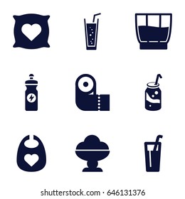 Soft icons set. set of 9 soft filled icons such as baby bid, pillow with heart on it, paper towel, soda, energy drink, drink