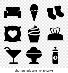 Soft icons set. set of 9 soft filled icons such as baby socks, baby napkin, pillow with heart on it, cream, cocktail, energy drink, sofa