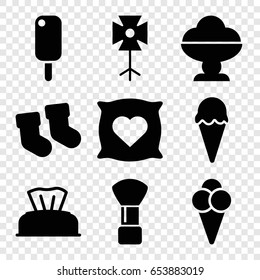 Soft icons set. set of 9 soft filled icons such as baby socks, baby napkin, pillow with heart on it, shaving brush, ice cream