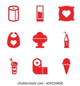 Soft icons set. set of 9 soft filled icons such as baby bid, pillow with heart on it, paper towel, drink, soda bottle