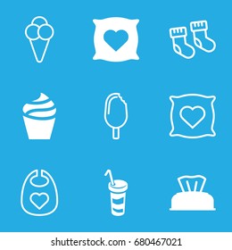 Soft icons set. set of 9 soft filled and outline icons such as baby napkin, pillow with heart on it, cream, drink, baby socks, baby bid