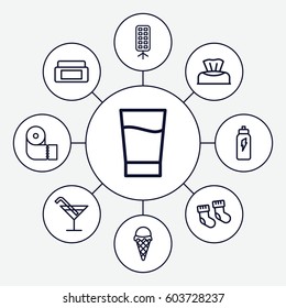 Soft icons set. set of 9 soft outline icons such as baby socks, baby napkin, cream box, Cocktail, paper towel, soft box, drink, ice cream