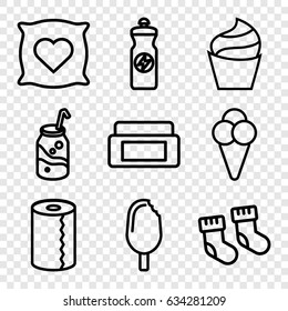 Soft icons set. set of 9 soft outline icons such as baby socks, pillow with heart on it, cream box, cream, paper towel, soda, energy drink