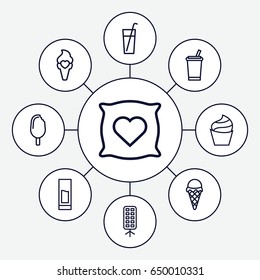 Soft icons set. set of 9 soft outline icons such as pillow with heart on it, cream, ice cream, soft box
