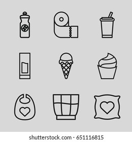 Soft icons set. set of 9 soft outline icons such as baby bid, pillow with heart on it, cream, paper towel, energy drink, drink
