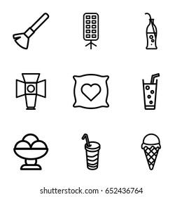 Soft icons set. set of 9 soft outline icons such as pillow with heart on it, shaving brush, soda, drink, soda bottle, soft box