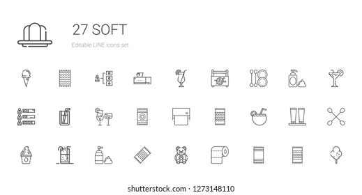 soft icons set. Collection of soft with beach towel, toilet paper, teddy bear, foam, soft drink, frozen yogurt, cocktail, cocktails, soda, skills. Editable and scalable soft icons.