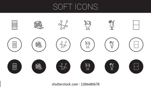 soft icons set. Collection of soft with beach towel, yarn ball, cotton swab, sorbet, cocktail, toilet paper. Editable and scalable soft icons.
