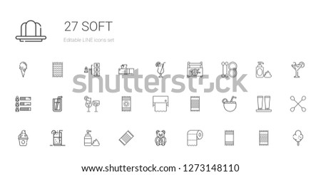soft icons set. Collection of soft with beach towel, toilet paper, teddy bear, foam, soft drink, frozen yogurt, cocktail, cocktails, soda, skills. Editable and scalable soft icons.