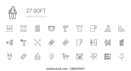 soft icons set. Collection of soft with cotton swab, sewing box, cocktails, cotton candy, cream, beach towel, sorbet, skills, toilet paper, cocktail. Editable and scalable soft icons.