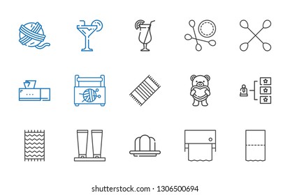soft icons set. Collection of soft with toilet paper, gelatine, cream, beach towel, skills, teddy bear, sewing box, tissue box, cotton swab. Editable and scalable soft icons.