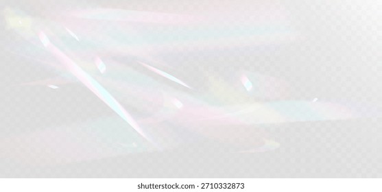 Suaves reflejos de luz iridiscente con reflejos de arco iris pastel sobre un fondo transparente, creando un delicado brillo holográfico y una textura abstracta brillante.
