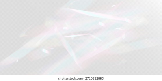 Suaves reflejos de luz iridiscente con reflejos de arco iris pastel sobre un fondo transparente, creando un delicado brillo holográfico y una textura abstracta brillante.