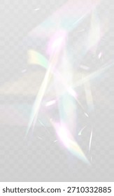 Suaves reflejos de luz iridiscente con reflejos de arco iris pastel sobre un fondo transparente, creando un delicado brillo holográfico y una textura abstracta brillante.