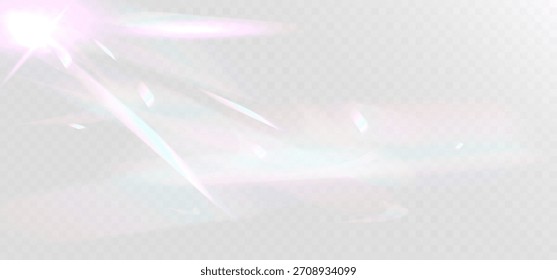 Soft iridescent prism light leak with pastel rainbow glow, delicate crystal refraction streaks and shimmering lens flare on transparent background, perfect for dreamy abstract overlays.