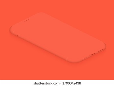 Weiche isometrische Korallenorange Vektor Smartphone. 3d realistische leere Screen-Telefon-Vorlage zum Einfügen von UI-Interface, Werbung, Testpräsentation. Design-Perspektive für Floating-Soft-Mock-Up-Modelle