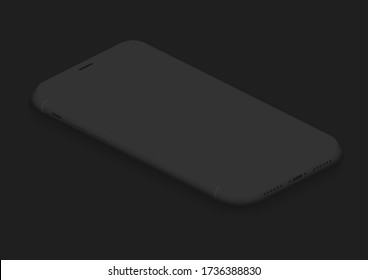 Soft isometric full black vector smartphone. 3d realistic empty screen phone template for inserting any UI interface, advertisment, test presentation. Floating soft mock up design perspective view.
