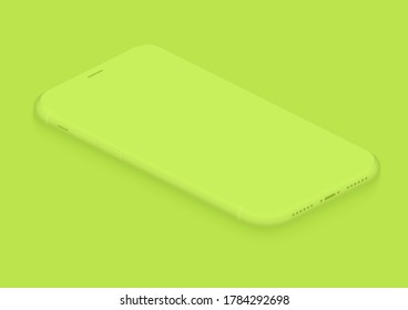 Soft isometric lemon green vector smartphone. 3d realistic empty screen phone template for inserting any UI interface, advertisment, test presentation. Floating soft mock up design perspective view.
