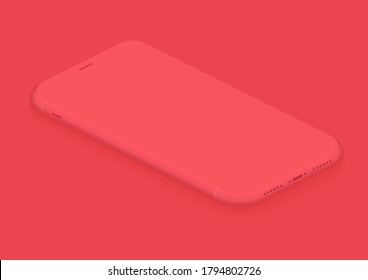Soft isometric red vector smartphone. 3d realistic empty screen phone template for inserting any UI interface, advertisment, test presentation. Floating soft mock up design perspective view.