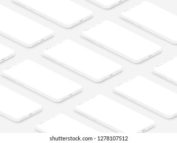 Soft isometric white isometric realistic smartphones with blank screens grid. Empty screen phone template for inserting UI interface or business presentation. Floating vector mock up design.
