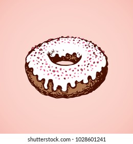 Soft junk bun with yummy white meringue cook creme sugary syrup isolated on pink backdrop. Bright color hand drawn picture sketch in art vintage doodle style