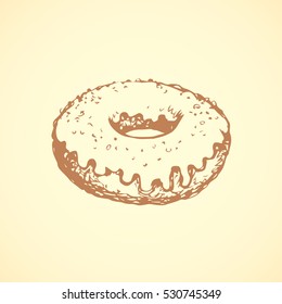 Soft junk pie with yummy creative cacao creme sugary syrup design isolated on white backdrop. Outline ink hand drawn picture icon sketch in art vintage doodle style pen on paper